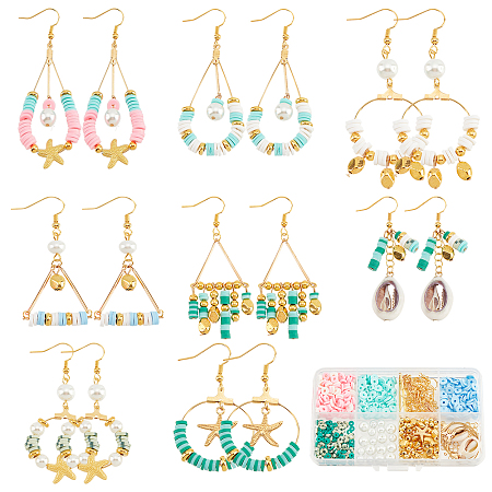 SUNNYCLUE DIY Geometry Earring Making Kit, Including Polymer Clay Disc & Glass Pearl & Alloy Starfish Beads, 304 Stainless Steel & Brass & Natural Shell Charms, Brass Earring Hooks, Mixed Color, 728Pcs/box