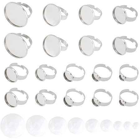 UNICRAFTALE 54 Sets 9 Sizes Adjust Ring Base Stainless Steel Bezel Rings with Glass Cabochons Finger Rings Components for Ring Making Stainless Steel Color