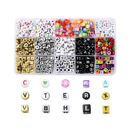 Honeyhandy DIY Bracelet Jewelry Making Kits, 975Pcs 15 Styles Cube & Flat Round Opaque Acrylic Beads, Mixed Color, 975pcs/box