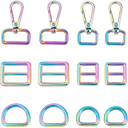 SUPERFINDINGS 12Pcs Rainbow Swivel Hook Claw Clasp Purse Hardware Keychain Hooks with D Rings Snap Hooks Metal Swivel Clasps 26x24x4mm for Lanyard Handbags Bag Making