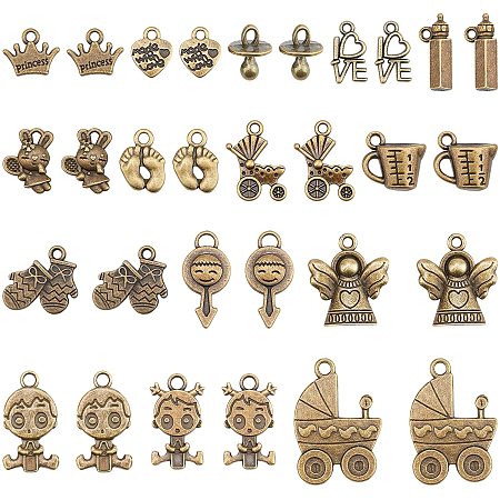NBEADS 90 Pcs 15 Styles Tibetan Style Alloy Pendants, Metal Charm Pendants Jewelry Crafting Supplies for Birth Christening Shower Gifts Making DIY Necklace Bracelet Arts Projects, Antique Bronze