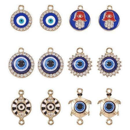 DIY Evil Eye Jewelry Making Finding Kit, Including Alloy Crystal Rhinestone & Connector Charms, Flat Round & Tortoise, Light Gold, 13~24.5x14~23x1.5~4.5mm, Hole: 1.4~2.5mm, 24Pcs/box