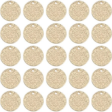 SUPERFINDINGS 50Pcs Brass Flat Round Charms 18K Gold Plated Blank Stamping Tag Pendants Textured Flat Coin Charms for DIY Bracelets Necklaces Jewelry Making, Hole: 1mm