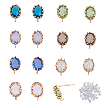 SUPERFINDINGS 28Pcs 7 Color Brass Stud Earring Findings, with Glass and Vertical Loops, with 50Pcs Plastic Ear Nuts, Oval, Light Gold, Long-Lasting Plated, Mixed Color, 11.5x7.5mm, Hole: 1mm, Pin: 0.7mm, 4Pcs/color