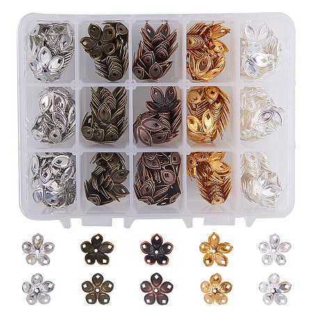 PandaHall Elite 1 Box 200 PCS 5 Color Brass Filigree Flower Bead Caps Jewelry Findings Accessories for Bracelet Necklace Jewelry Making