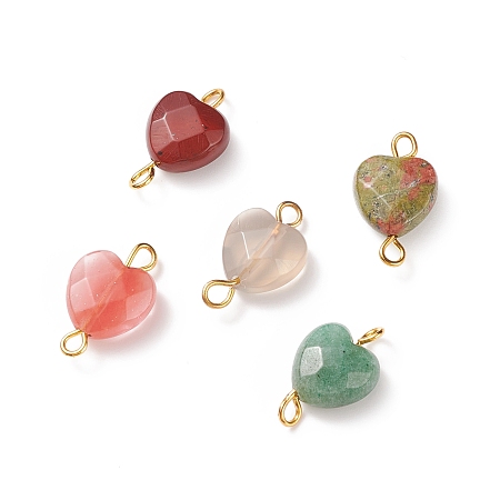 Natural & Synthetic Mixed Gemstone Connector Charms, with Golden Tone Iron Double Loops, Faceted Heart, 16x10x5mm, Hole: 1.8mm