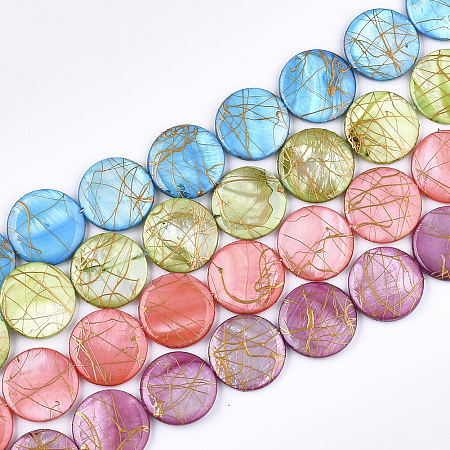 Honeyhandy Freshwater Shell Beads Strands, Dyed and Drawbench, Flat Round, Mixed Color, 19.5~20.5x2.5~4mm, Hole: 1mm, 19~20pcs/strand, 15.5 inch~15.9 inch