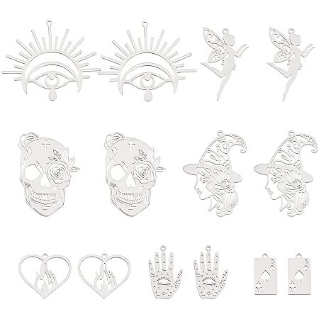 UNICRAFTALE 14pcs 7 Styles Stainless Steel Skull Pendants Hollow Filigree Dangle Charms Fairy Laser Cut Pendants for Jewelry Making1.5-1.8mm Hole