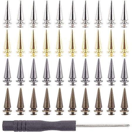 NBEADS 80 Pcs Alloy Spike Studs, 4 Colors Punk Studs Rivets Cone Spikes Screwback Studs with Steel Screwdriver for Belt Bag Cap Purse Leather Craft Clothes