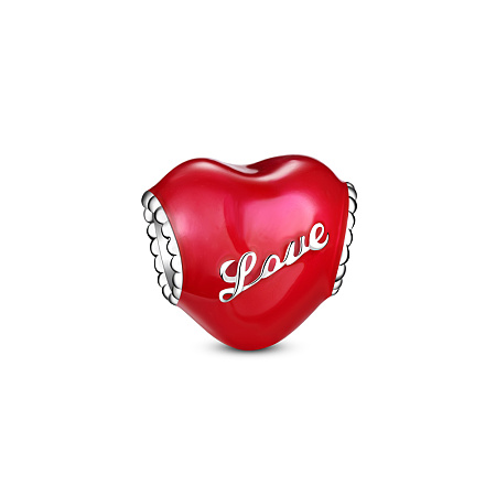 SHEGRACE 925 Sterling Silver European Bead, with Enamel, Heart with Word Love, For Valentine's Day, Platinum, Red, 11.97x9.34x10.72mm, Hole: 4.66mm