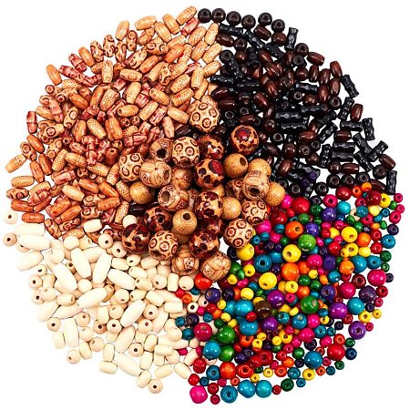 PandaHall Elite 890pcs 19 Styles Wood Beads Natural Color Printed Wood Beads Multi-Color Wooden Spacer Beads for Jewelry Making DIY Bracelet Necklace Hair Crafts, Hole: 1.5~7mm