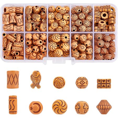Arricraft 100 Pcs Wood Style Resin Beads, 10 Styles Imitation Wood Beads, Mixed Shapes Loose Beads for Jewelry Making