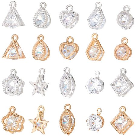 NBEADS 120 Pcs Cubic Zirconia Alloy Charms, 20 Styles Crystal Pendants Charms, Cubic Charm Pendant for Jewelry Making DIY Bracelet Necklace Earrings