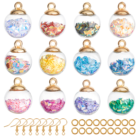 PANDAHALL ELITE DIY Globe Dangle Earring Making Kits, include Transparent Glass Globe Pendants, Glitter Sequins inside, Brass Earring Hooks & Jump Rings, Round, Mixed Color, Pendants: 20.5x16mm, Hole: 2.5mm; 12 colors, 6pcs/color, 72pcs/box