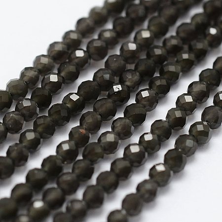 Arricraft Natural Obsidian Beads Strands, Faceted, Round, 2mm, Hole: 0.5mm,  about 175pcs/strand, 14.9 inches(38cm)