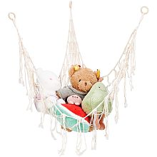 FINGERINSPIRE Cotton Macrame Hanging Net Toy Storage Hammock 53x39.4inch Cornsilk Boho Plush Toy Storage Net Stuffed Animals Hanging Net with Wood Suspension Ring Room Corner Organizer Mesh