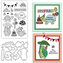 BENECREAT 2Pcs Birthday Turtles Cutting Dies and Stamp Sets, Turtles Balloons Birthday Cakes Metal Cutting Stencils Clear Stamp for Card Making DIY Scrapbooking