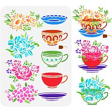 FINGERINSPIRE Tea Cups Flowers Painting Stencil 8.3x11.7inch Reusable Afternoon Teacup Drawing Template Floral Plant Pattern Template for Painting on Scrapbook Fabric Floor Furniture Wood