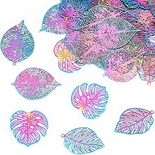 DICOSMETIC 42pcs 3 Styles 201 Stainless Steel Filigree Monstera Leaf Pendants Tropical Leaf Pendants Rainbow Color Plant Charms for Jewelery Making,0.3mm Thick