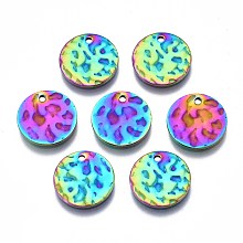 Honeyhandy 304 Stainless Steel Charms, Cadmium Free & Nickel Free & Lead Free, Hammered Flat Round, Rainbow Color, 12x1mm, Hole: 1.2mm