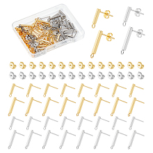 Unicraftale 40Pcs 4 Style 304 Stainless Steel Rectangle Stud Earring Finding, with Loops, with 40Pcs Ear Nuts, Real Gold Plated & Stainless Steel Color, 13~18x3mm, Hole: 1.8mm, Pin: 0.8mm, 10Pcs/style