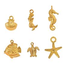 PandaHall Elite 120pcs 6 Styles Golden Ocean Animals Tibetan Alloy Pendants Charms for DIY Necklace Bracelet Making (Starfish, Sea Horse, Mermaid, Shell, Fish and Tortoise)