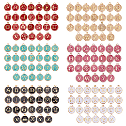 SUNNYCLUE Golden Plated Alloy Enamel Charms, Enamelled Sequins, Flat Round with Alphabet, Letter A~Z, Mixed Color, 14x12x2mm, Hole: 1.5mm, 156pcs/box