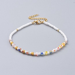 Honeyhandy Millefiori Glass Anklets, with Round Glass Seed Beads, Brass Beads, 304 Stainless Steel Twisted Chains and Lobster Claw Clasps, Mixed Color, 8-3/4 inch(22.2cm), 3mm