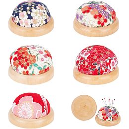 Arricraft 5 pcs Pin Cushion, 5 Styles Wooden Base Pin Cushion Sakuras Pattern Round Needle Pin Cushions Japanese Style Pin Holders for Sewing Needle Holders DIY Crafts