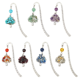 HOBBIESAY 7Pcs 7 Style Tibetan Style Alloy Hook Bookmarks, Gemstone Chip Beaded Tree of Life Charm Bookmark, 84mm, Pendant: 28x23.5x6mm, 1pc/style