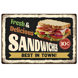 SUPERDANT Fresh & Delicious Sandwiches Best in Town Vintage Metal Tin Signs Fast Food Tin Sign Funny Wall Art Painting Iron Decor for Sandwich Shop Outdoor Camping Barbecue Stand Decoration