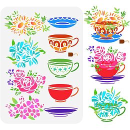 FINGERINSPIRE Tea Cups Flowers Painting Stencil 8.3x11.7inch Reusable Afternoon Teacup Drawing Template Floral Plant Pattern Template for Painting on Scrapbook Fabric Floor Furniture Wood