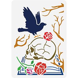 FINGERINSPIRE Crow and Skull Painting Stencil 8.3x11.7inch Large Skull with Roses Stencil Reusable Crow Branches Drawing Template Animal Theme Stencil for Painting On Wood Fabric Costume Canvas