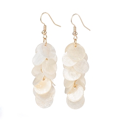 Honeyhandy Natural Capiz Shell Cluster Earrings, with Brass Earring Hooks, Flat Round, Golden, Seashell Color, 65x16mm, Pin: 0.7mm