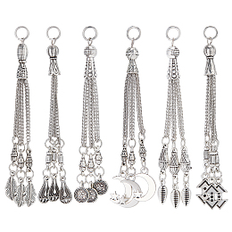 CHGCRAFT 12Pcs 6 Styles Tibetan Metal Tassel Bag Pendant Tassel Bag Key Chain Tassel Charm Feather Teardrop Moon and Star Layered Tassel Pendant for Purse Keychain Keyring, 78mm to 84mm