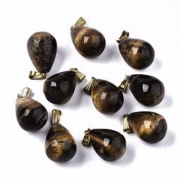 Honeyhandy Natural Tiger Eye Pendants, with Golden Plated Brass Snap On Bails, Teardrop, 23~24x15mm, Hole: 7.5x3mm