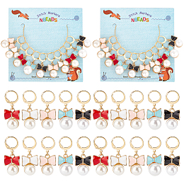 NBEADS Alloy Enamel Bowknot Locking Stitch Markers, with Golden Tone 304 Stainless Steel Ring, with Resin Imitation Pearl Beads, Mixed Color, 3.5cm, 5 colors, 2pcs/color, 10pcs/set