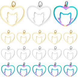 DICOSMETIC 30Pcs 3 Colors Stainless Steel Heart with Cat Shape Filigree Kitten Pendants Hypoallergenic Charms Metal Hollow Flat Smooth Pendants with Jump Rings for DIY Jewelry Making