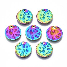 Honeyhandy 304 Stainless Steel Charms, Cadmium Free & Nickel Free & Lead Free, Hammered Flat Round, Rainbow Color, 12x1mm, Hole: 1.2mm