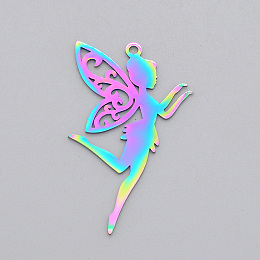 Honeyhandy Ion Plating(IP) 201 Stainless Steel Pendants, Laser Cut, Fairy, Rainbow Color, 41x25x1mm, Hole: 1.8mm