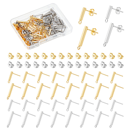 Unicraftale 40Pcs 4 Style 304 Stainless Steel Rectangle Stud Earring Finding, with Loops, with 40Pcs Ear Nuts, Real Gold Plated & Stainless Steel Color, 13~18x3mm, Hole: 1.8mm, Pin: 0.8mm, 10Pcs/style