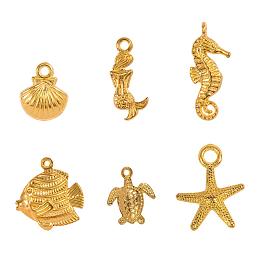 PandaHall Elite 120pcs 6 Styles Golden Ocean Animals Tibetan Alloy Pendants Charms for DIY Necklace Bracelet Making (Starfish, Sea Horse, Mermaid, Shell, Fish and Tortoise)