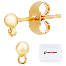 Beebeecraft 1 Box 30Pcs 18K Gold Plated Stud Earrings with Loop Ball Stud Earrings Findings with 30Pcs Butterfly Ear Back for Women Girl Jewellry Making DIY Crafts