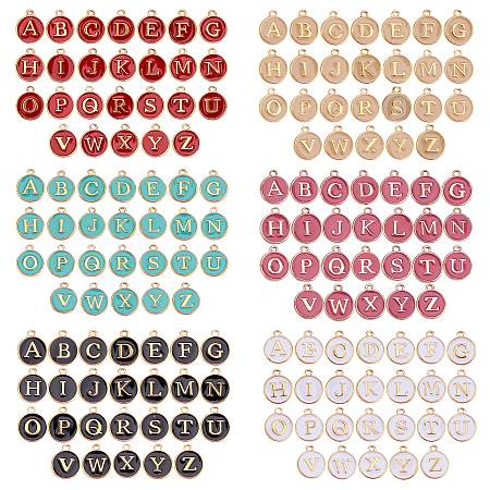 SUNNYCLUE Golden Plated Alloy Enamel Charms, Enamelled Sequins, Flat Round with Alphabet, Letter A~Z, Mixed Color, 14x12x2mm, Hole: 1.5mm, 156pcs/box