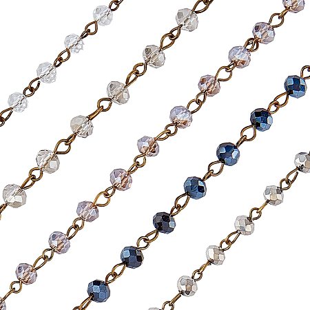 PandaHall Elite 5 Strands 3.3 Feet Faceted Crystal Glass Beads Chain with Antique Bronze Eye Pin for Necklaces Bracelets Jewelry Making