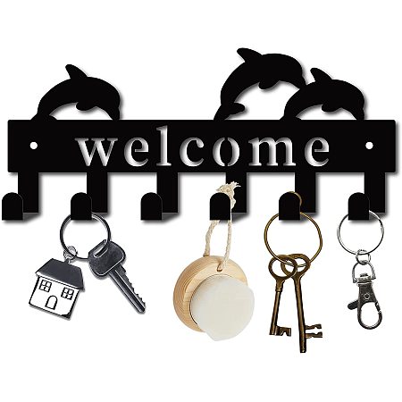 GORGECRAFT Dolphin Key Holder Cast Iron Wall Hanger Coat Rack Wall Mounted Decorative with 6 Hooks for Jewelry Keys Hat Backpack Clothes Pet Leash Umbrella Organizer, Black