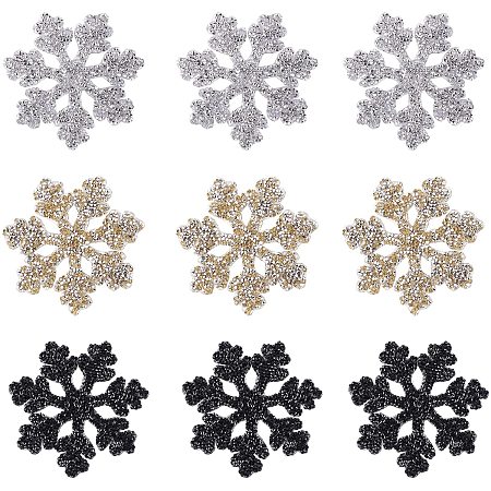 FINGERINSPIRE 9 Pcs Snowflake Rhinestone Patches (Gold/Silver/Black) Crystal Iron/Sew on Patches Hot Melt Adhesive Appliques Decoration Patch for Clothing Repair, Dress, Hat, DIY Accessories