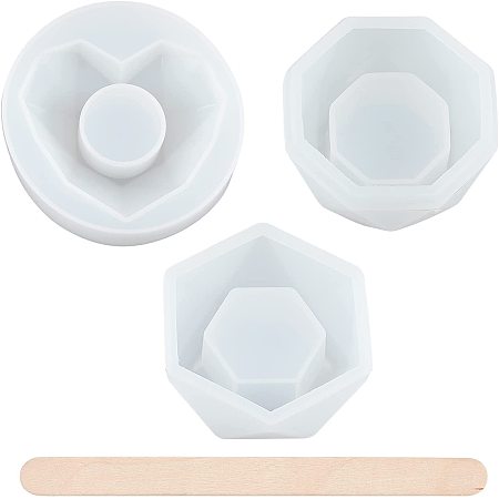 SUPERFINDINGS 3pcs White UV Resin Silicone Molds Heart Hexagon and Octagon Epoxy Resin Casting Mold Jewelry Mold Kits with 10pcs Birch Wooden Craft Ice Cream Sticks for DIY Crafts