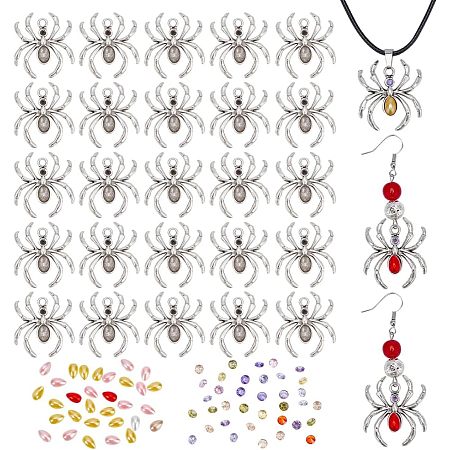 AHANDMAKER 30 Sets DIY Spider Charm Pendants Kit, Halloween Alloy Spider Pendants Tibetan Animal Accessories with Colorful Teardrop and Diamond Cabochons for DIY Craft Jewelry Necklace Earring Making