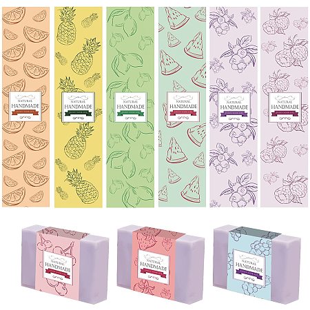 PandaHall Elite 90pcs Fruit Band Label Wrapper, 9 Styles Lemon Grape Orange Strawberry Wrap Paper Handmade Soap Bar Sleeves Covers Vertical Tags for Soap Bath Gift Wrapping, 8.5x1.9 inch